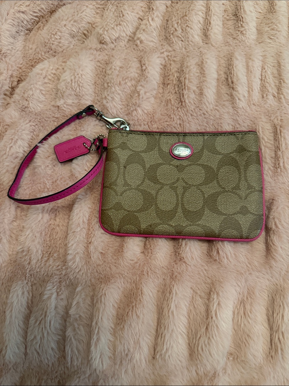 Coach Brown Signature Canvas Wristlet with Pink Trim